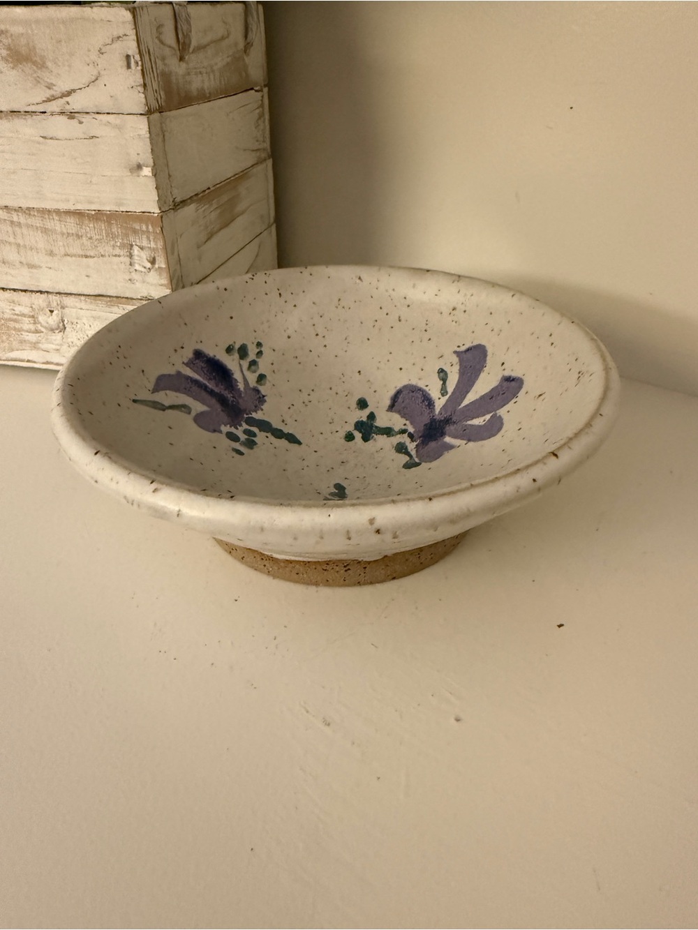 Signed Studio Pottery Bowl Purple Floral Speckled Stoneware 6.25”